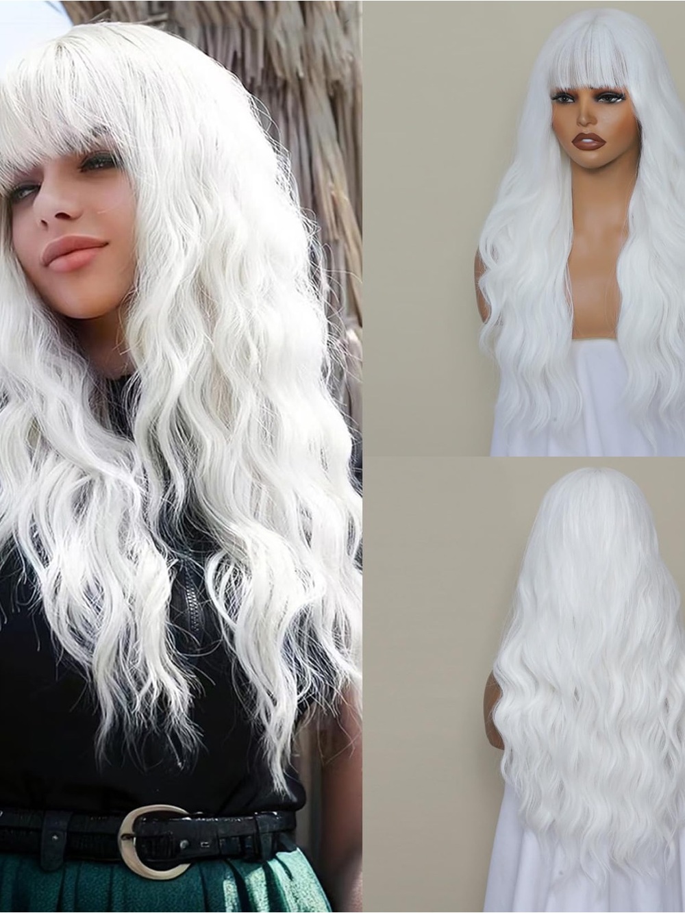 Long Wavy White Wig with Straight Bangs - Sleek Natural Look